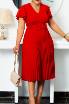 Red Elegant Solid Split Joint V Neck Pleated Plus Size Dresses
