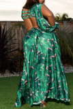 Green Fashion Sexy Plus Size Print Hollowed Out Backless V Neck Long Sleeve Dresses