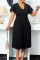 Black Elegant Solid Split Joint V Neck Pleated Plus Size Dresses