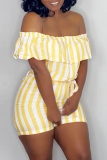 Yellow Fashion Casual Striped Print Backless Off the Shoulder Regular Romper
