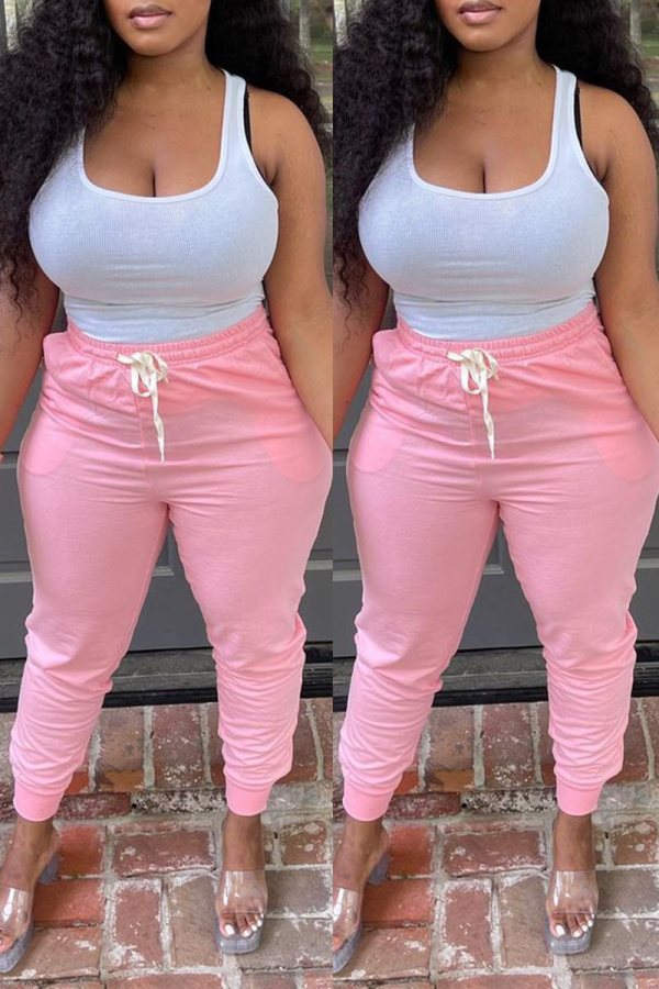 Pink Fashion Casual Solid Basic Regular High Waist Trousers