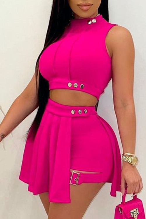 Rose Red Casual Solid Patchwork O Neck Sleeveless Two Pieces
