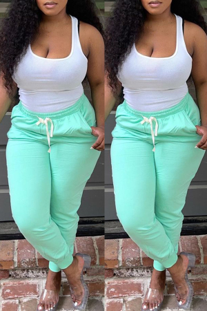 Green Fashion Casual Solid Basic Regular High Waist Trousers