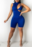 Blue Sexy Solid Hollowed Out Patchwork Half A Turtleneck Skinny Rompers