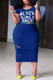 Blue Fashion Casual Plus Size Letter Print Ripped O Neck Short Sleeve Dress