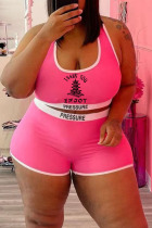 Pink Casual Print Patchwork U Neck Plus Size Two Pieces