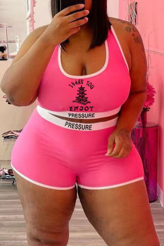 Pink Casual Print Patchwork U Neck Plus Size Two Pieces