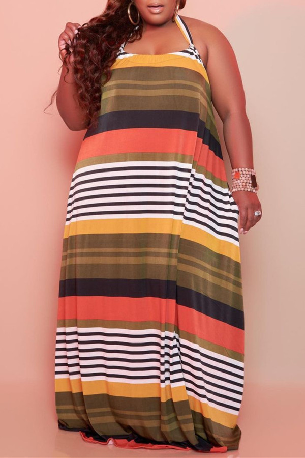 Red Fashion Sexy Plus Size Striped Print Backless Halter Sleeveless Dress