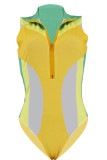 Yellow Zippered Casual One-Piece Swimwear