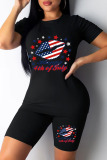 Red Blue American Flag Stars Print O Neck Short Sleeve Slim Fit Lips Graphic Tees