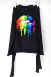 Black Rainbow Lips Print O Neck Long Sleeve Tees & T-shirts Blouses Tops