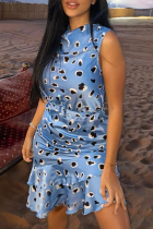 Blue Casual Print Patchwork O Neck Bud Dresses