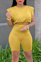 Yellow Casual Solid Patchwork O Neck Sleeveless Two Pieces
