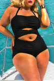 Black Sexy Solid Hollowed Out Patchwork Fold Halter Plus Size Swimwear