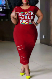 Red Fashion Casual Plus Size Letter Print Ripped O Neck Short Sleeve Dress