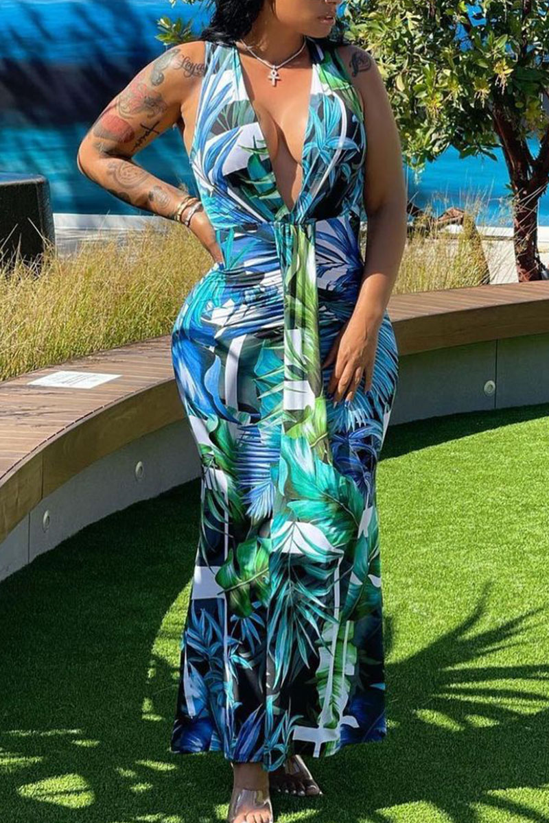 Turquoise Sexy Print Split Joint V Neck Vest Dress Dresses