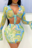 Green Sexy Print Patchwork V Neck Long Sleeve Two Pieces