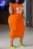 Orange Fashion Casual Plus Size Letter Print Ripped O Neck Short Sleeve Dress