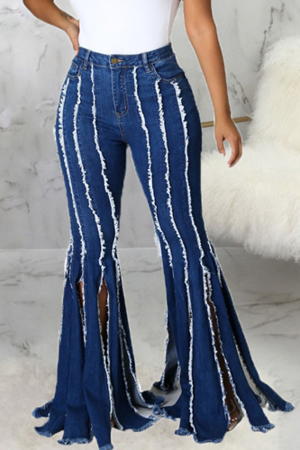 Dark Blue Street Solid Patchwork Slit Boot Cut Denim Jeans