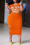 Orange Fashion Casual Plus Size Letter Print Ripped O Neck Short Sleeve Dress