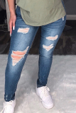 Light Blue Fashion Casual Solid Ripped Regular Denim Jeans