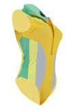 Yellow Zippered Casual One-Piece Swimwear