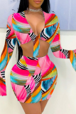 Blue Yellow Sexy Print Patchwork V Neck Long Sleeve Two Pieces