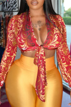 Rose Red Sexy Casual Print Bandage V Neck Tops
