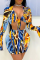 Blue Yellow Sexy Print Split Joint V Neck Long Sleeve Two Pieces