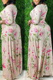 Pink Sweet Print Bandage Patchwork V Neck Long Sleeve Plus Size Dresses