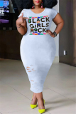 Black Fashion Casual Plus Size Letter Print Ripped O Neck Short Sleeve Dress