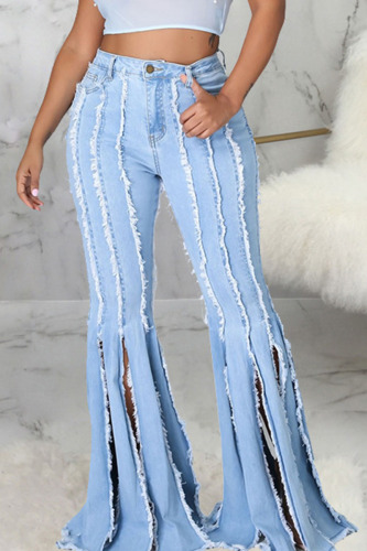Baby Blue Street Solid Patchwork Slit Boot Cut Denim Jeans