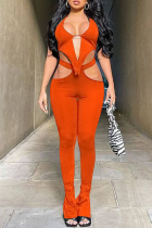 Orange Fashion Sexy Solid Hollowed Out Backless Halter Sleeveless Two Pieces