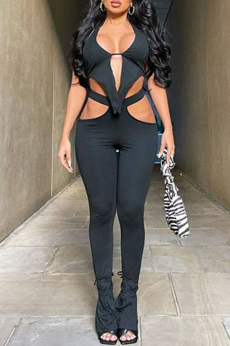 Black Fashion Sexy Solid Hollowed Out Backless Halter Sleeveless Two Pieces
