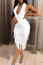 White Fashion Sexy Solid Tassel Backless Halter Sleeveless Dress