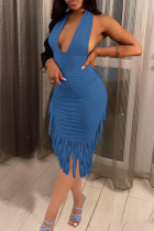 Blue Fashion Sexy Solid Tassel Backless Halter Sleeveless Dress
