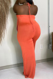 Orange Sexy Casual Solid Backless Halter Regular Jumpsuits