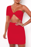Red Fashion Sexy Solid Hollowed Out Backless Short Sleeve Dress
