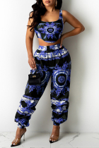 Blue Sexy Casual Print Vests Asymmetrical U Neck Sleeveless Two Pieces