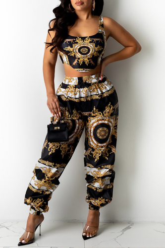 Yellow Sexy Casual Print Vests Asymmetrical U Neck Sleeveless Two Pieces