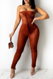 Red Sexy Solid Patchwork Strapless Skinny Jumpsuits
