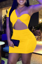 Yellow Fashion Sexy Solid Hollowed Out Backless Short Sleeve Dress