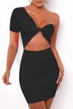 Black Fashion Sexy Solid Hollowed Out Backless Short Sleeve Dress