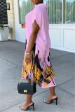 Pink Fashion Casual Print Asymmetrical Turndown Collar Shirt Dress