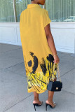 Yellow Fashion Casual Print Asymmetrical Turndown Collar Shirt Dress