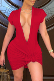 Red Fashion Sexy Solid Basic V Neck Short Sleeve Dress