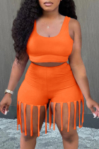 Orange Fashion Casual Solid Tassel U Neck Sleeveless Two Pieces