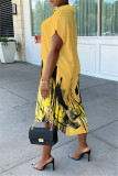 Yellow Fashion Casual Print Asymmetrical Turndown Collar Shirt Dress