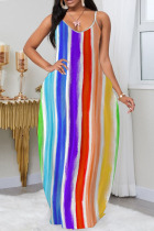Stripe Casual Print Split Joint Spaghetti Strap Straight Dresses