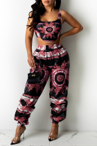 Red Sexy Casual Print Vests Asymmetrical U Neck Sleeveless Two Pieces